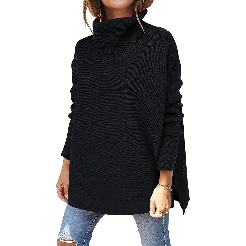 Women's Oversized Turtleneck Batwing Sleeve Spilt Casual Loose Knit Tunic Pullov